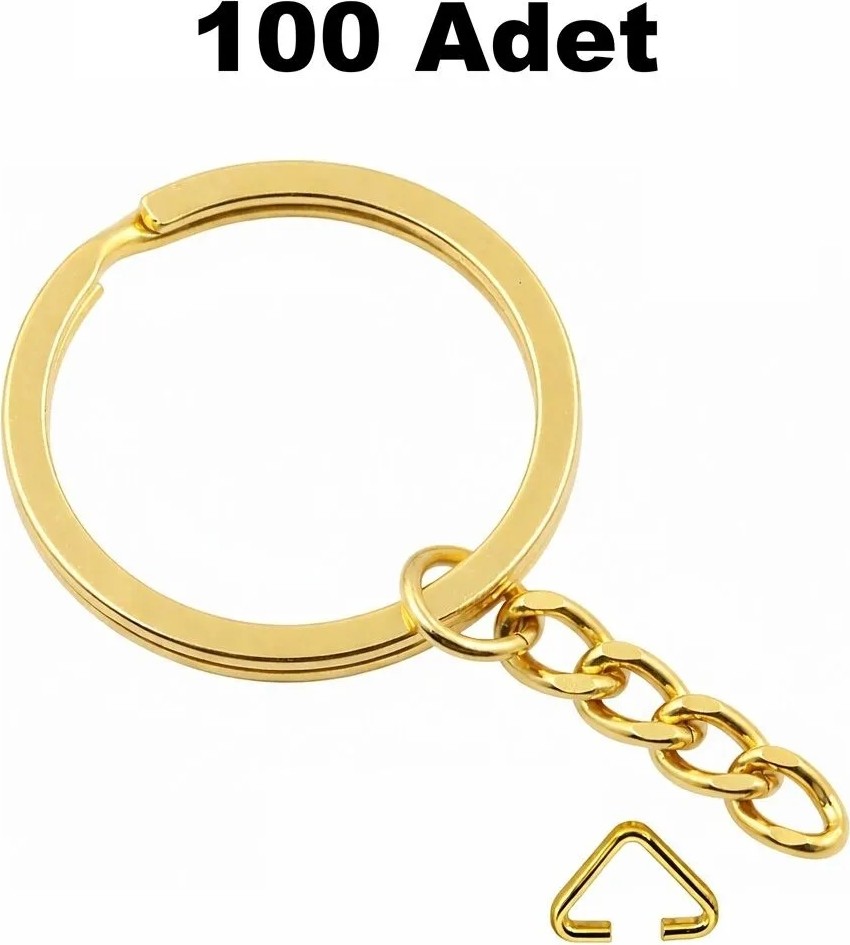 Orhan Çanta 100 Adet Gold Ezme Zincirli Anahtarlık Halkası Üçgen Bağlantı Aparatlı - 25 mm Altın Renk Kolay Montaj Anahtarlık Ucu