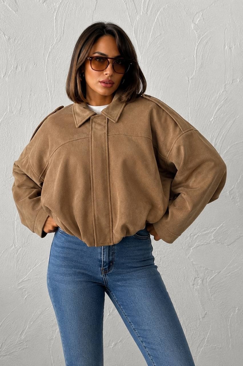 Trendparis Kadın Oversize Süet Bomber Ceket - Düşük Omuzlu Bej