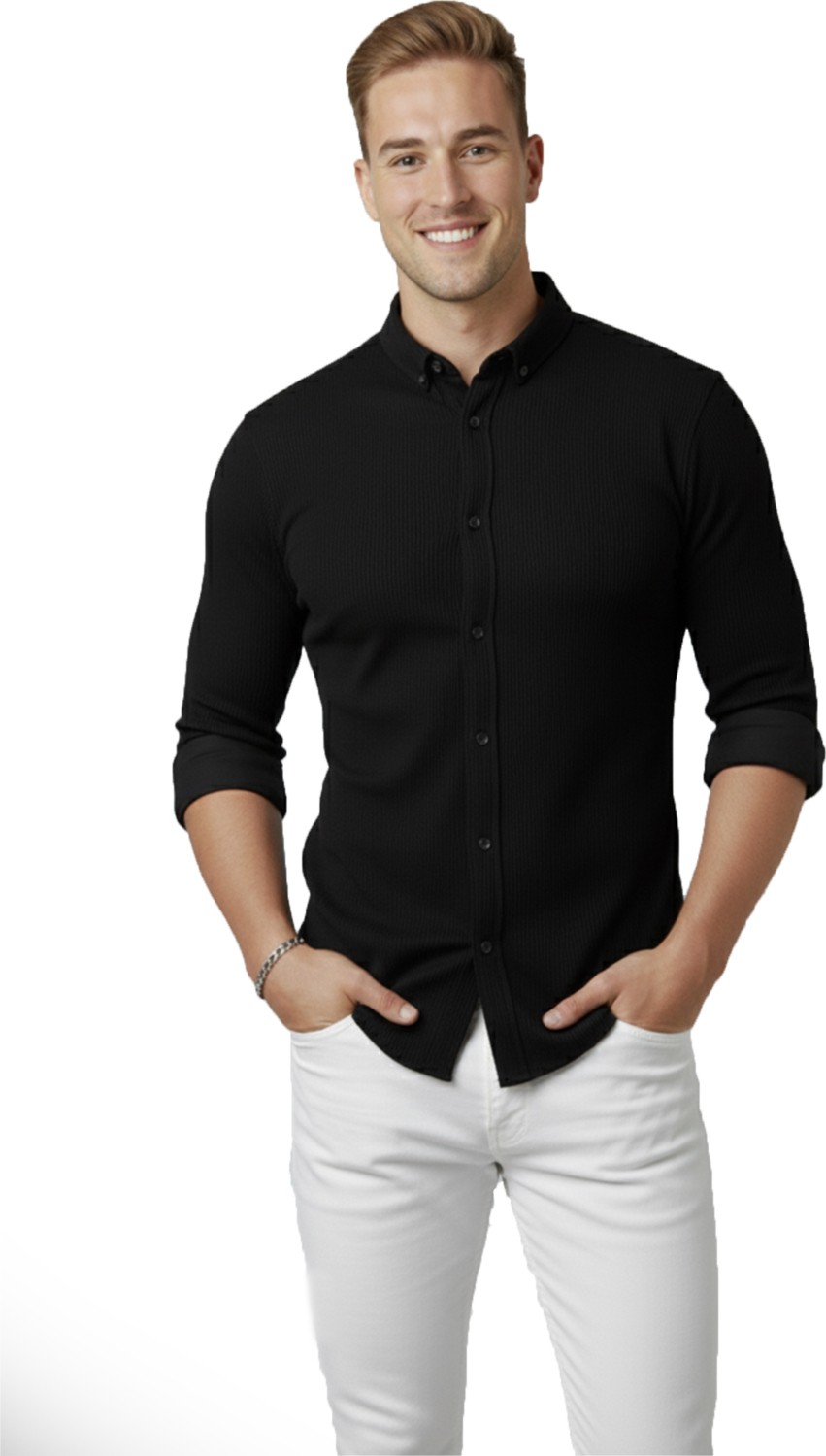 Deepsea Erkek Siyah Likralı Kumaşı Fitilli Slim Fit Uzun Kollu Gömlek 2500805