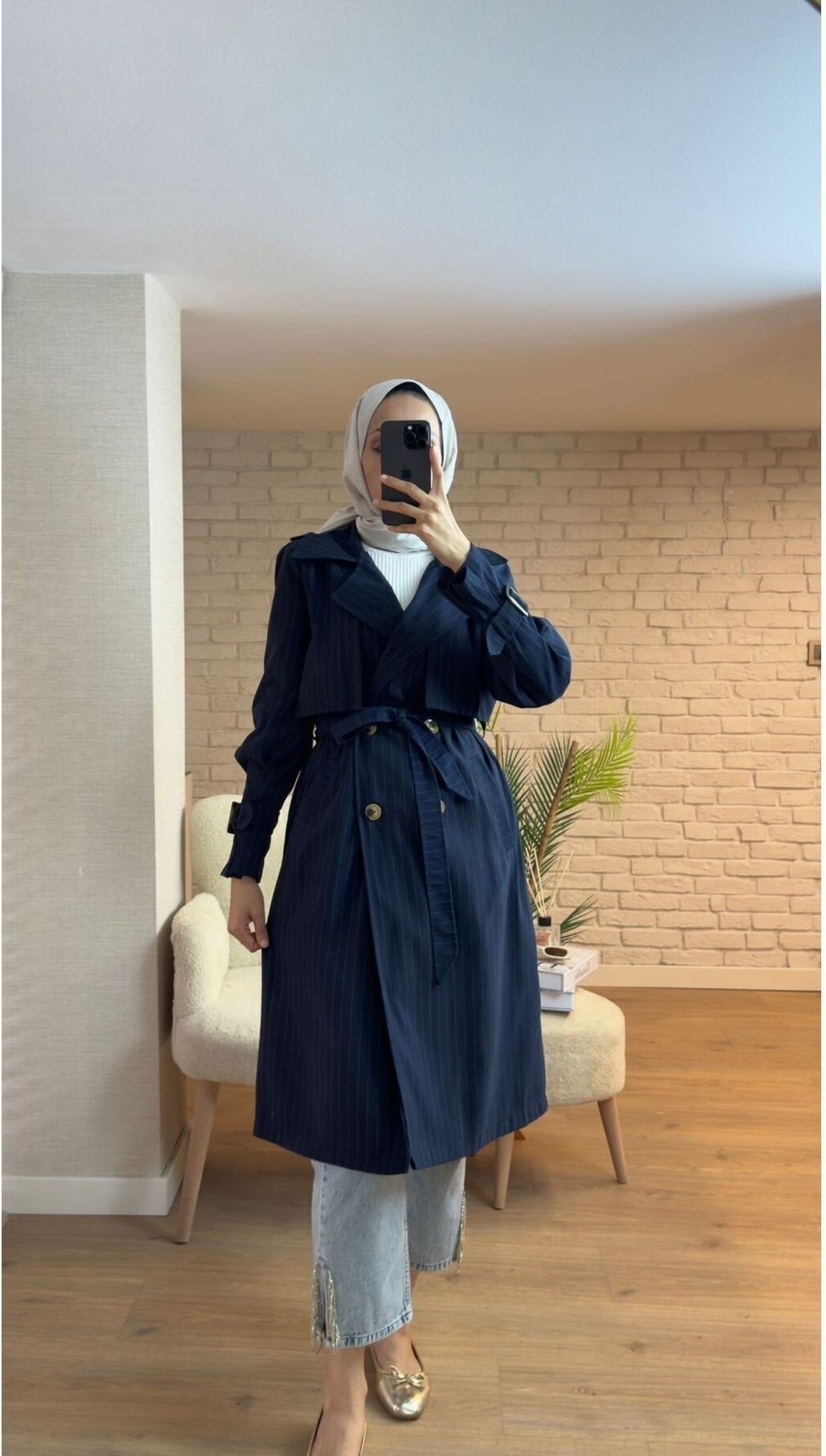 Miraydin Butik Kadın Ceket Yaka Kol Detaylı Trençkot Lacivert