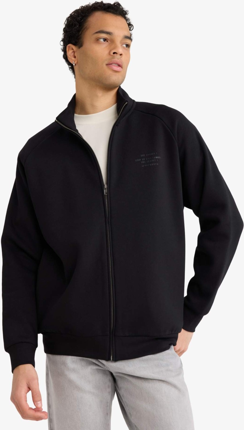 DeFacto Boxy Fit Dik Yaka Baskılı İçi Yumuşak Tüylü Cepli Fermuarlı Sweatshirt E1367AX26SP