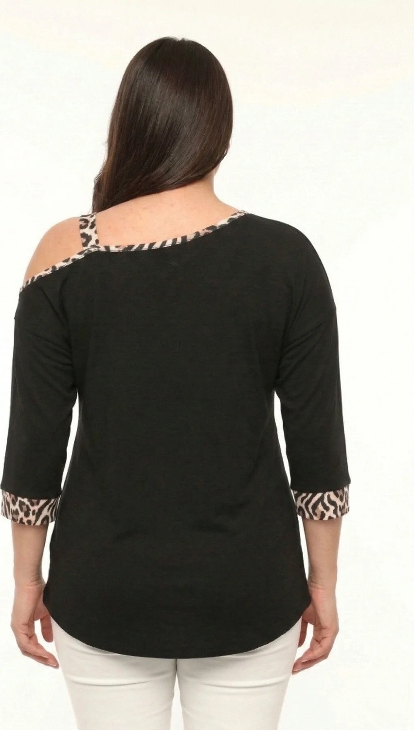 Curvy Trend Büyük Beden Asimetrik Tek Omuz Leopar Bant Leopar Kol Ucu Detaylı Bluz görsel 3