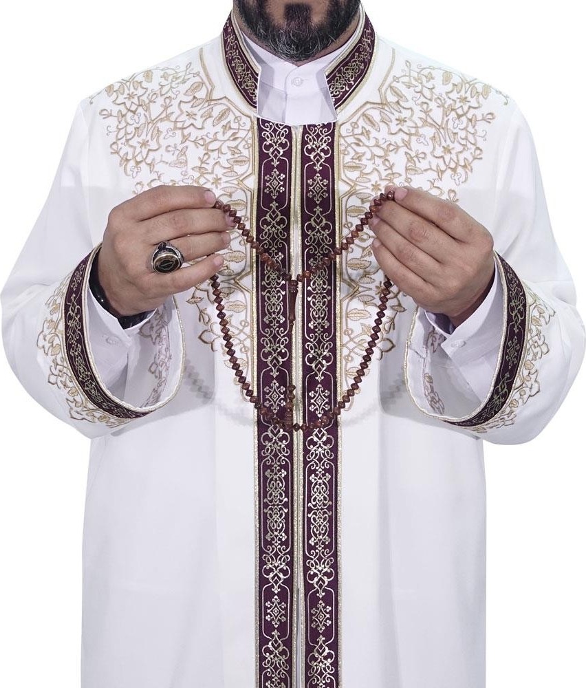Yaser Giyim Hakim Yaka Lüks Nakışlı Şehzade Cübbe - Beyaz (Kemik)
