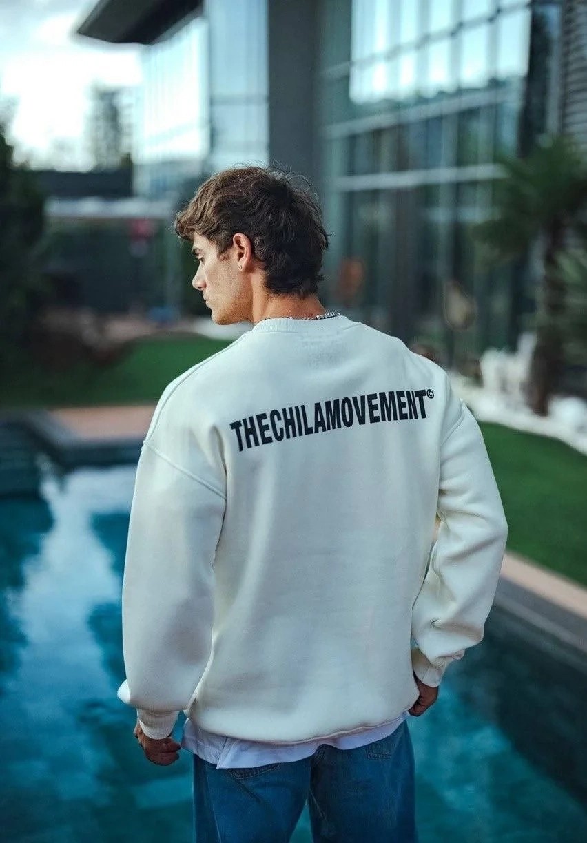 Tarz Yeri Erkek Üç Iplik Pamuklu Bisiklet Yaka Oversize Baskılı Sweatshirt - Beyaz görsel 3