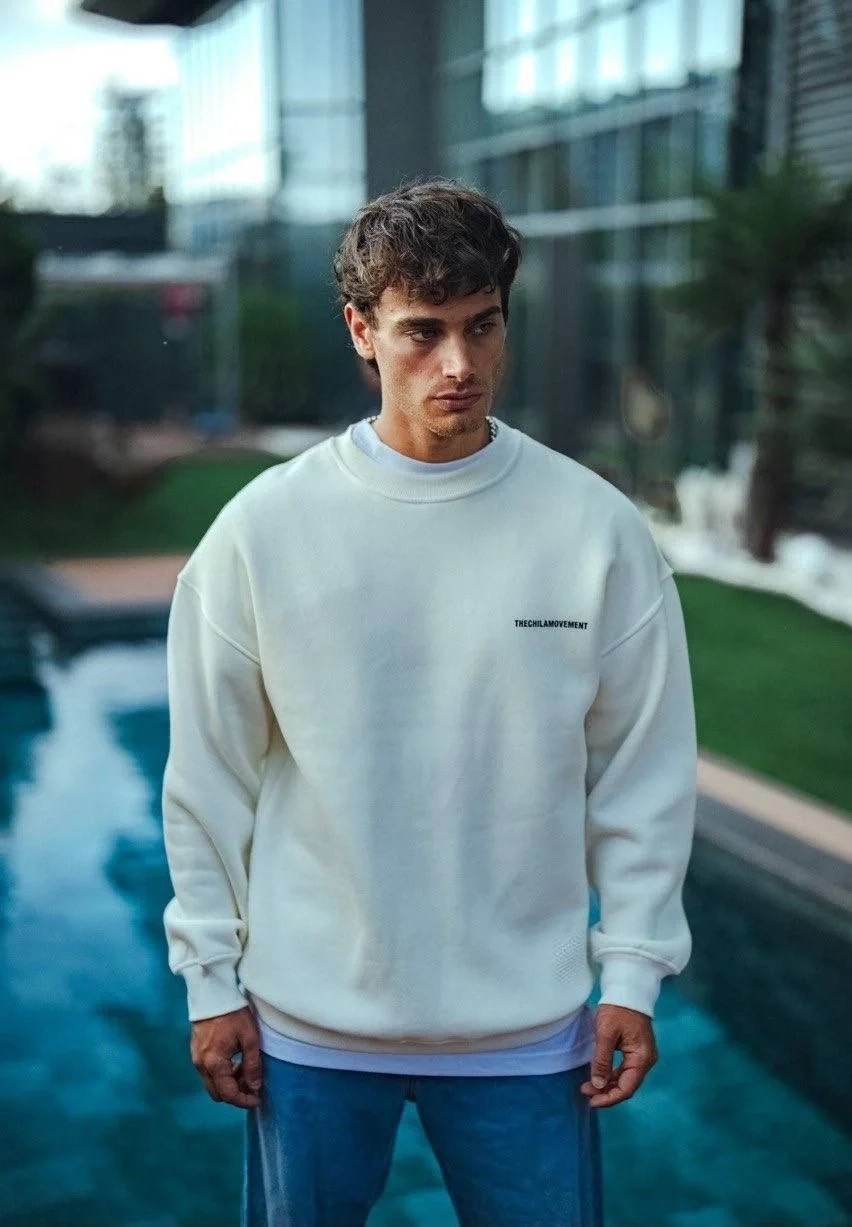 Tarz Yeri Erkek Üç Iplik Pamuklu Bisiklet Yaka Oversize Baskılı Sweatshirt - Beyaz görsel 2