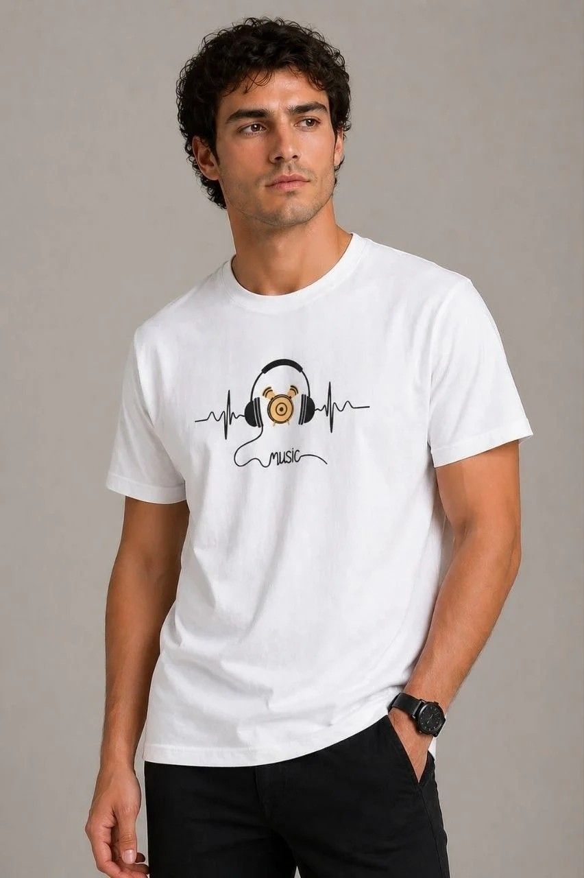 Tarz Yeri Erkek Müzik Temalı Baskılı Tişört Bisiklet Yaka Kısa Kol T-Shirt - Beyaz