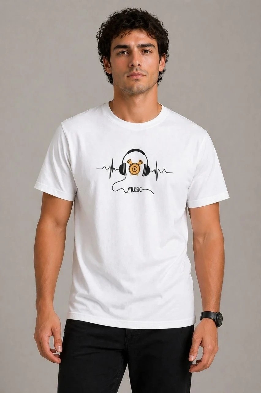 Tarz Yeri Erkek Müzik Temalı Baskılı Tişört Bisiklet Yaka Kısa Kol T-Shirt - Beyaz görsel 2