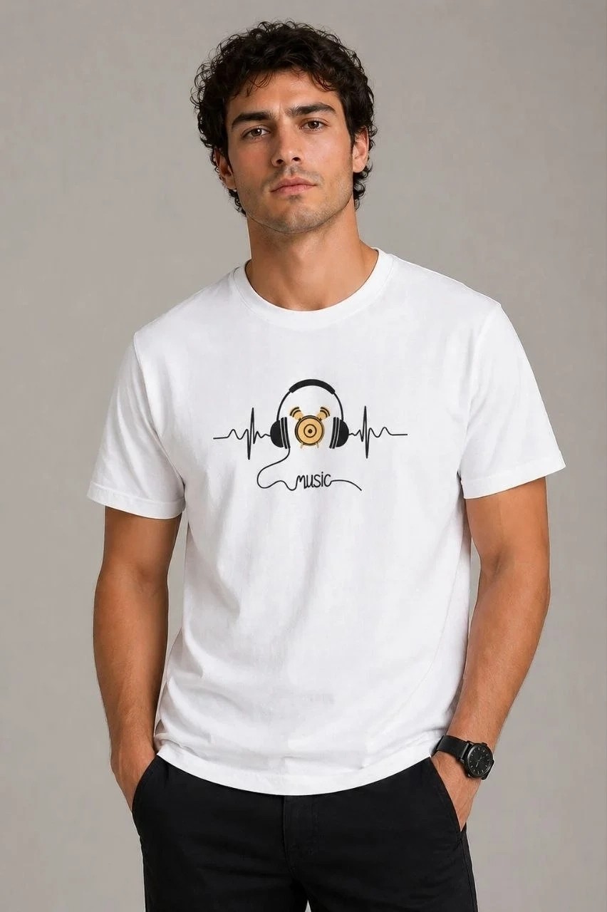 Tarz Yeri Erkek Müzik Temalı Baskılı Tişört Bisiklet Yaka Kısa Kol T-Shirt - Beyaz görsel 3