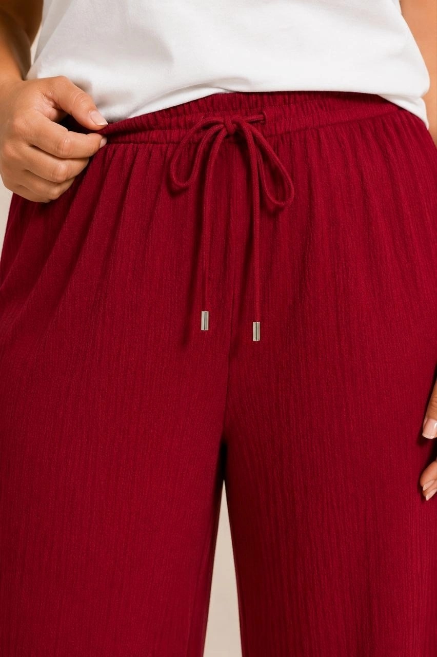 Hace Bazaar Kadın Battal Beden Bürümcük Kumaş Beli Lastikli Bağcıklı Bol Paça Palazzo Pantolon - Bordo görsel 2