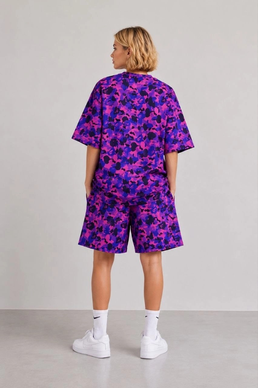 Hace Bazaar Kız Çocuk Oversize Kalıp Pubg Bape x Shark Nakışlı Cepli Şort Takım - Mor -Hcb görsel 3