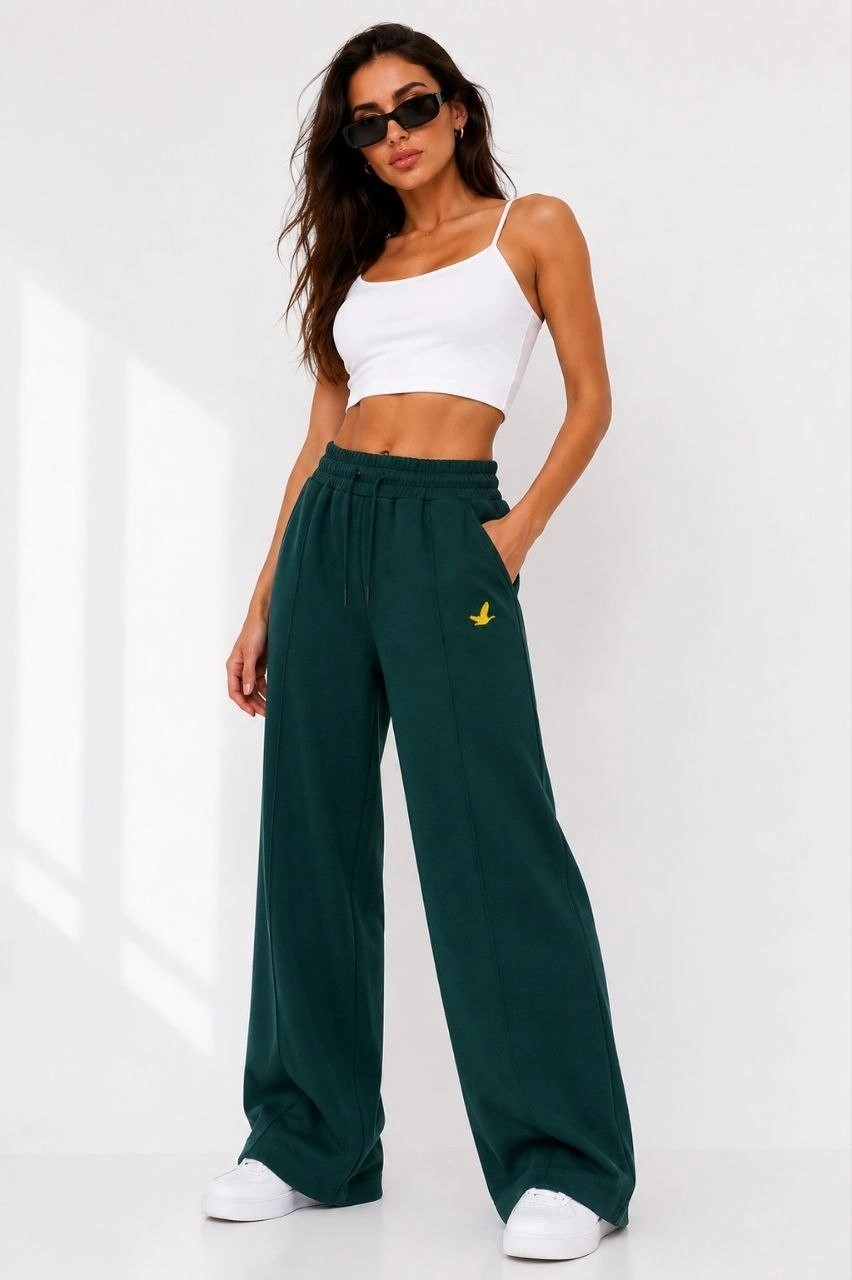 Hace Bazaar Kadın Osy Modal Cima Dikişli Nakışlı Cepli Oversize Bol Paça Eşofman Altı - Yeşil -Hcb görsel 5