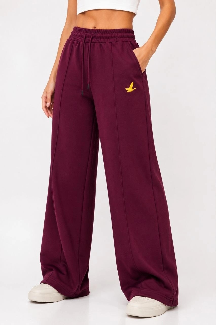 Hace Bazaar Kadın Osy Modal Cima Dikişli Nakışlı Cepli Oversize Bol Paça Eşofman Altı - Bordo -Hcb
