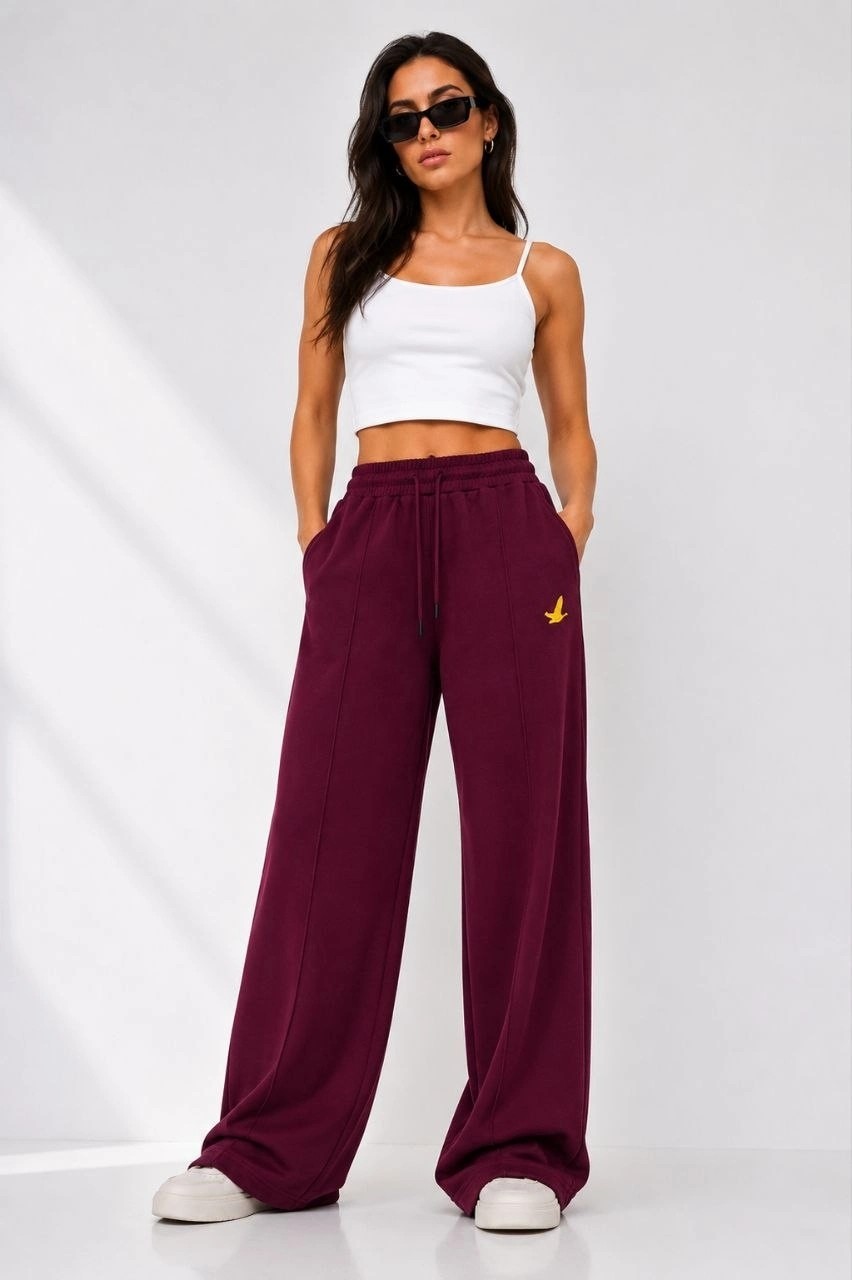 Hace Bazaar Kadın Osy Modal Cima Dikişli Nakışlı Cepli Oversize Bol Paça Eşofman Altı - Bordo -Hcb görsel 4