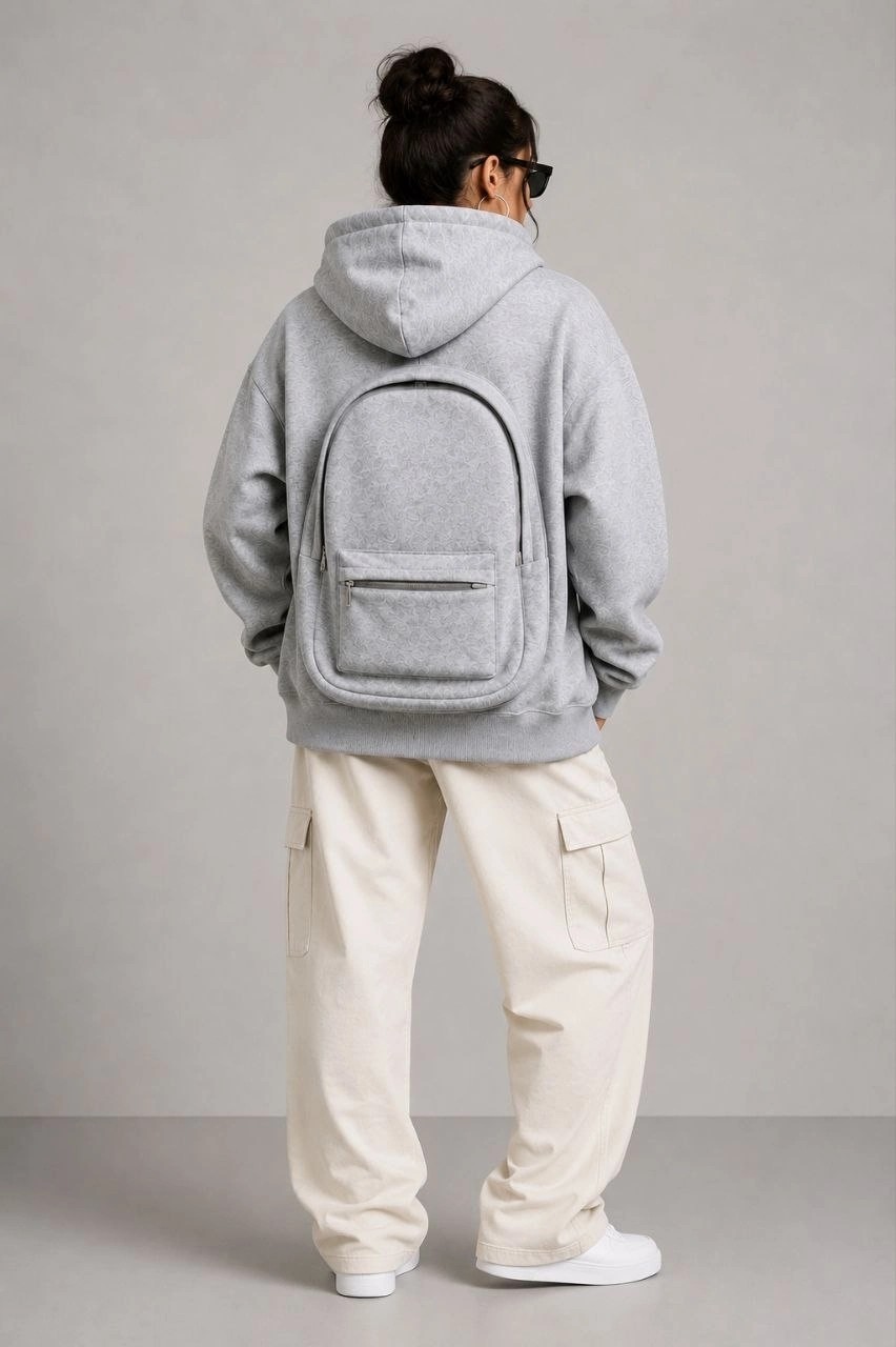 Hace Bazaar Kadın 3 Iplik Şardonlu Tam Fermuarlı Kapüşonlu Arka Çanta Detaylı Sweatshirt - Gri -Hcb görsel 4