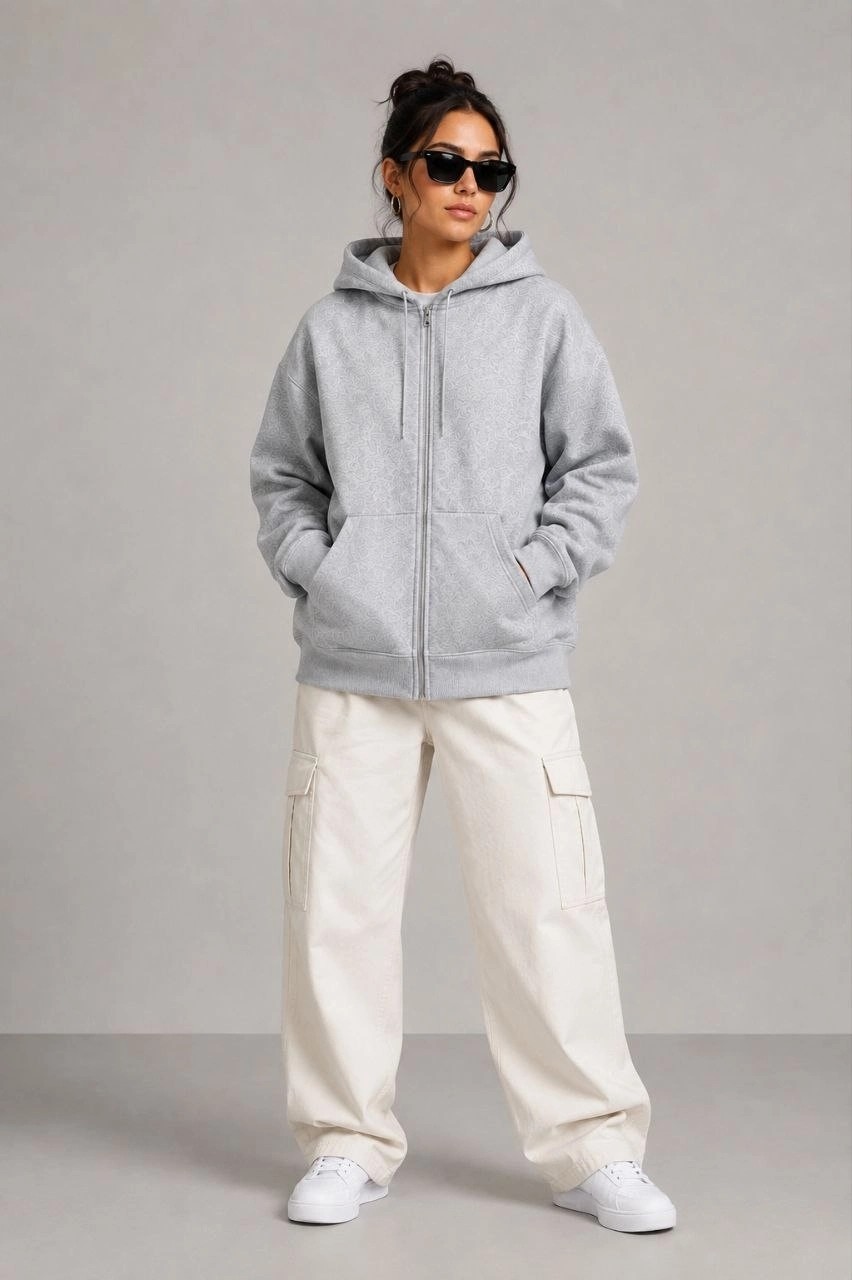 MidasTech Kadın 3 Iplik Şardonlu Tam Fermuarlı Kapüşonlu Arka Çanta Detaylı Sweatshirt - Gri görsel 3