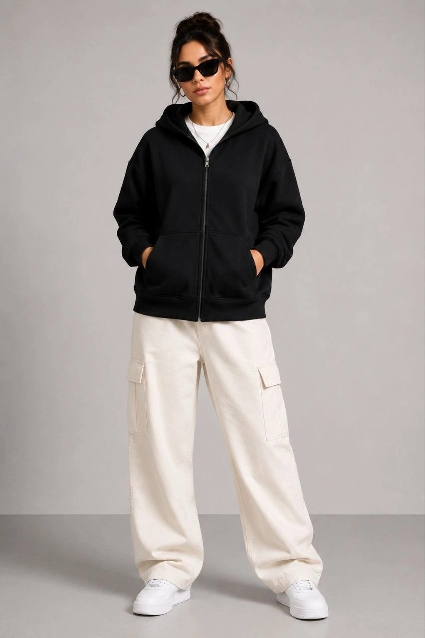 Beruflic Kadın 3 Iplik Şardonlu Tam Fermuarlı Kapüşonlu Arka Çanta Detaylı Sweatshirt - Siyah görsel 3