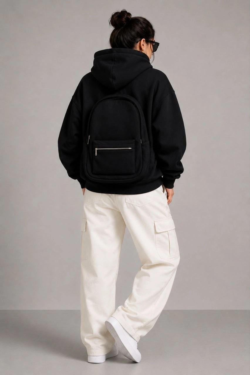 Beruflic Kadın 3 Iplik Şardonlu Tam Fermuarlı Kapüşonlu Arka Çanta Detaylı Sweatshirt - Siyah görsel 4