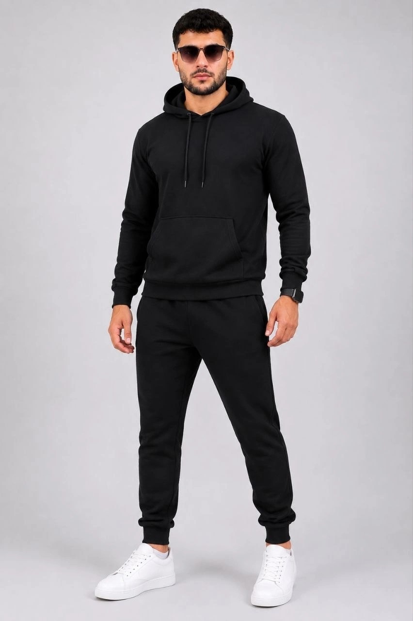 Hace Bazaar Erkek Iki Iplik Kapüşonlu Kanguru Cepli Sweatshirt Jogger Pantolon Alt Üst Eşofman Takımı -S görsel 3