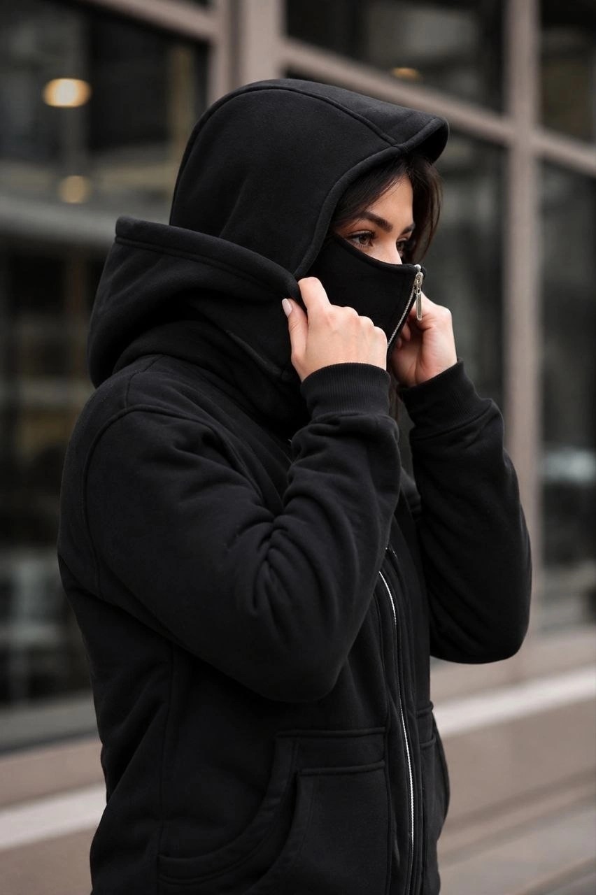 Beruflic Kadın Maskeli Ninja Model Çift Kapüşonlu 3 Iplik Şardonlu Fermuarlı Oversize Sweatshirt - Siy görsel 2
