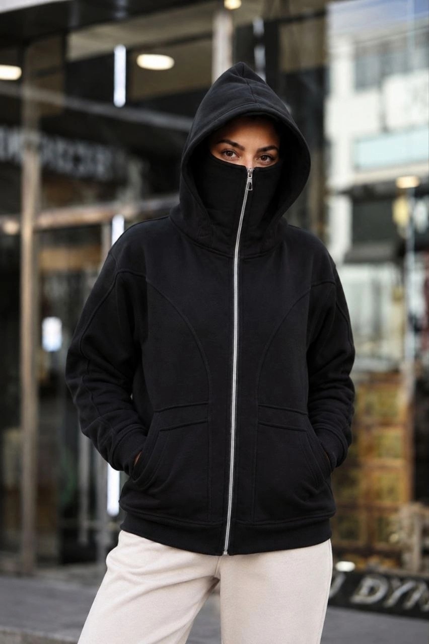 Beruflic Kadın Maskeli Ninja Model Çift Kapüşonlu 3 Iplik Şardonlu Fermuarlı Oversize Sweatshirt - Siy görsel 4