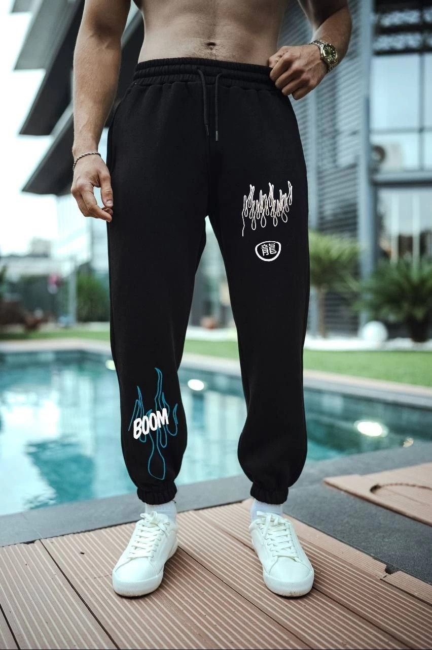 MidasTech Kışlık Üç Iplik Baskılı Eşofman Pantolon - Siyah