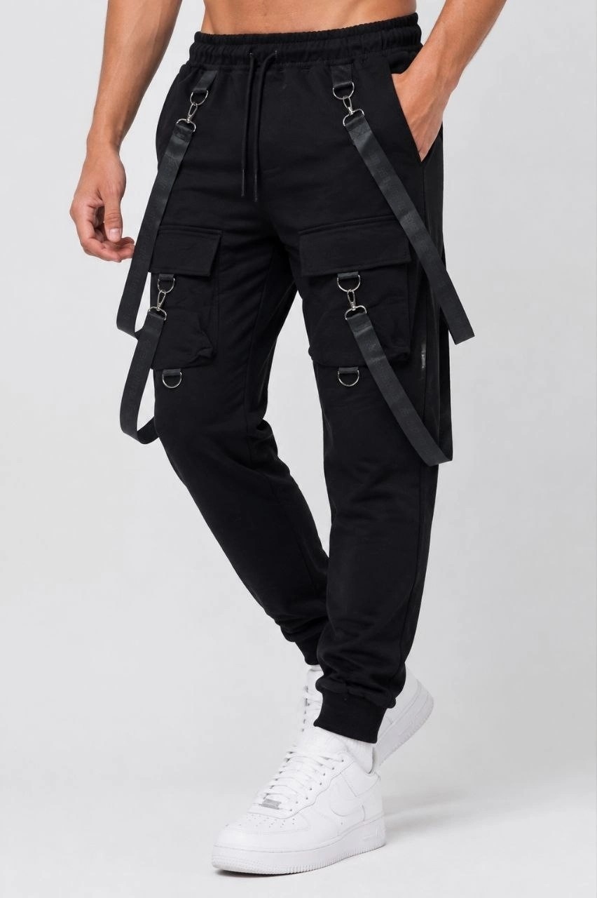 Marsilyan Erkek Techwear Şerit Aksesuarlı Ön Kapak Cep Detaylı Jogger Eşofman Altı - Siyah görsel 5