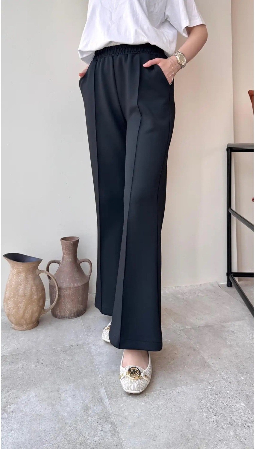 Miraydin Butik Kadın Bol Paça Çımalı Scuba Pantolon M7071 - Siyah görsel 2