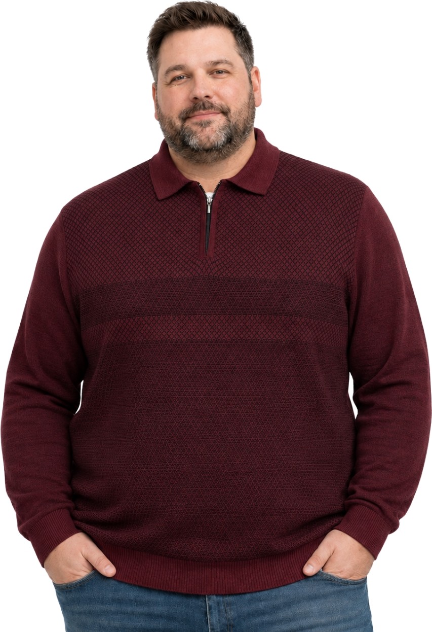 Battal Moda Erkek Büyük Beden Bordo Atlas Polo Yaka Fermuarlı Triko Kazak 5xl-6xl-7xl-8xl