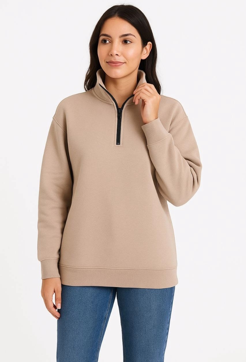 Marsilyan Kadın 3 Iplik Dık Yaka Yarım Fermuarlı Sweatshirt - Bej