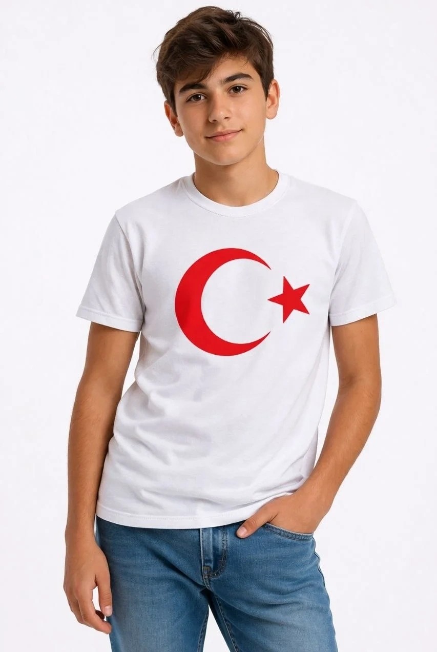 Tarz Yeri Erkek Çocuk Tişört Bisiklet Yaka Ay Yıldız Bayrak Baskılı T-Shirt - Beyaz görsel 2