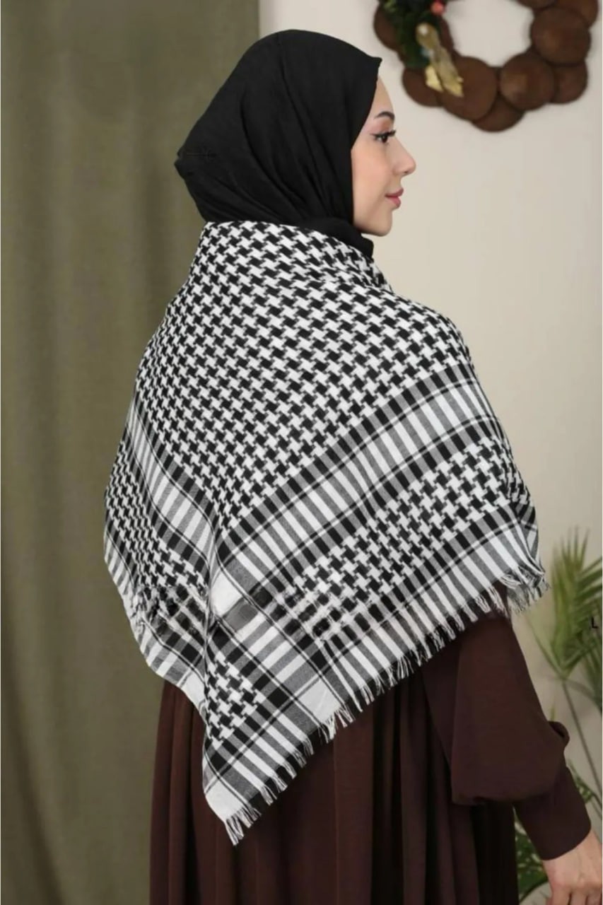 İstanbul Style Moda Pamuklu Puşi , Poşu, Kefiye Beyaz Şal 100X100 AYN24014 görsel 3