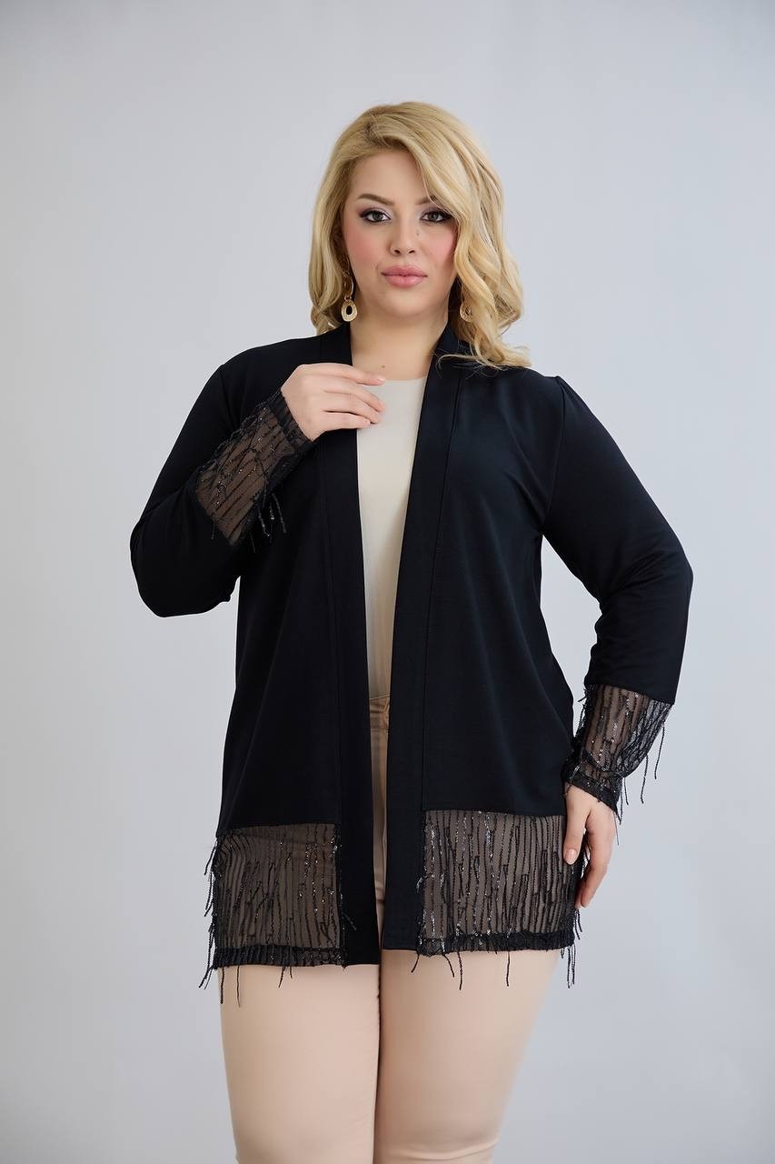 Wearon Kadın Büyük Beden Kol ve Etek Uçları Tül ve Işleme Detaylı Kristal Kumaş Şık Hırka