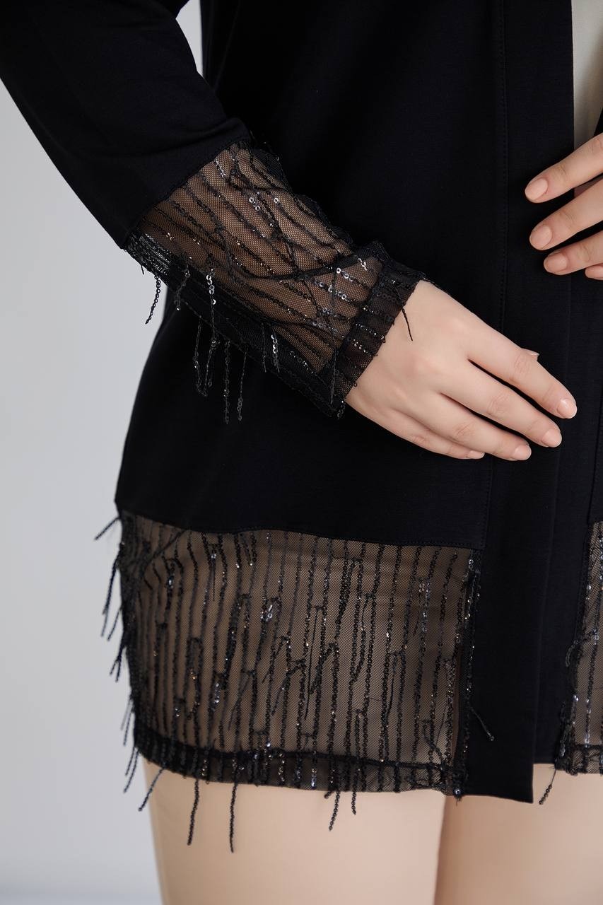Wearon Kadın Büyük Beden Kol ve Etek Uçları Tül ve Işleme Detaylı Kristal Kumaş Şık Hırka görsel 5