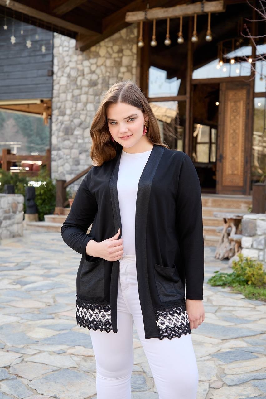 Wearon Kadın Kristal Kumaş Etekleri Dantel Detaylı Büyük Beden Şık Hırka