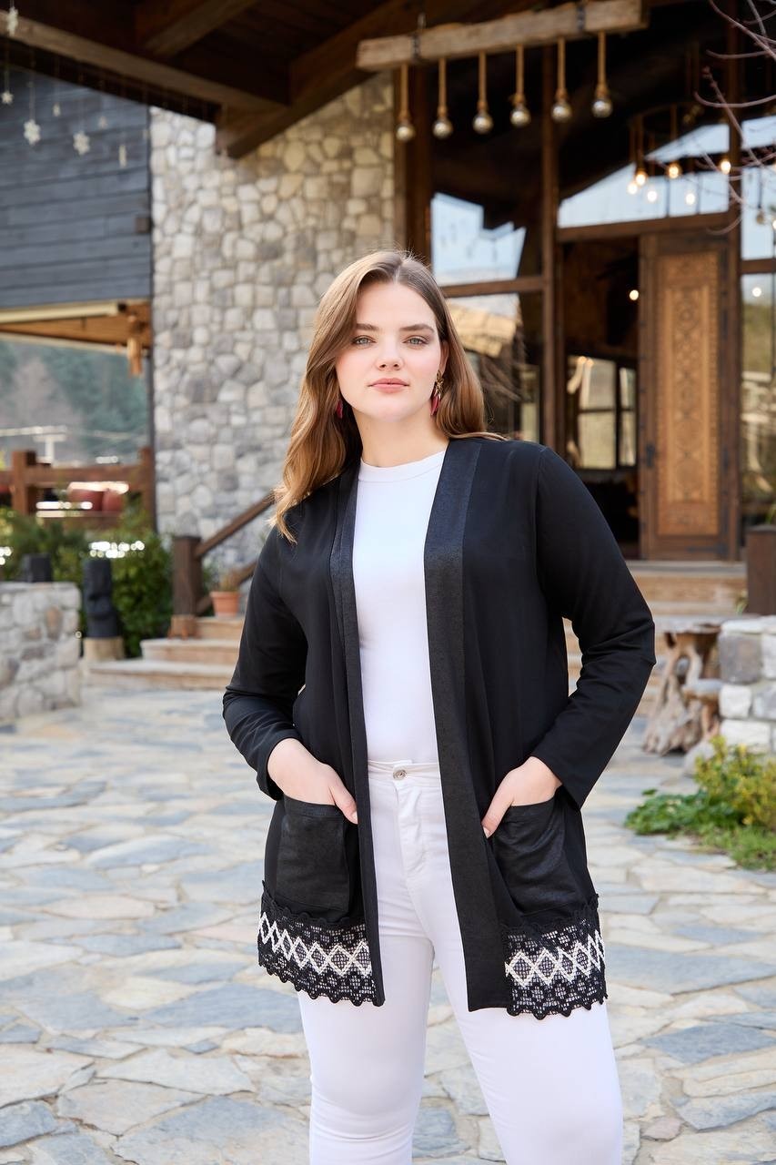 Wearon Kadın Kristal Kumaş Etekleri Dantel Detaylı Büyük Beden Şık Hırka görsel 2