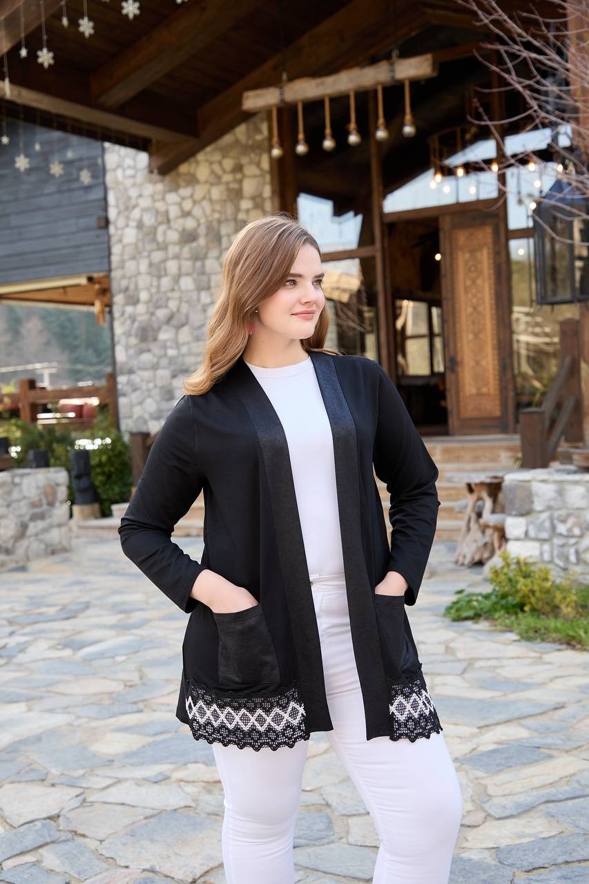 Wearon Kadın Kristal Kumaş Etekleri Dantel Detaylı Büyük Beden Şık Hırka görsel 5