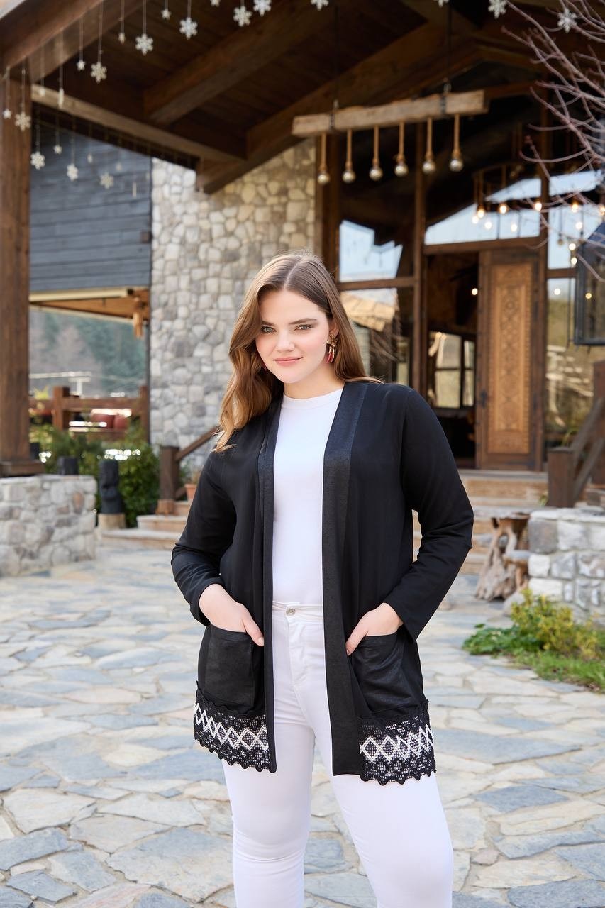 Wearon Kadın Kristal Kumaş Etekleri Dantel Detaylı Büyük Beden Şık Hırka görsel 7