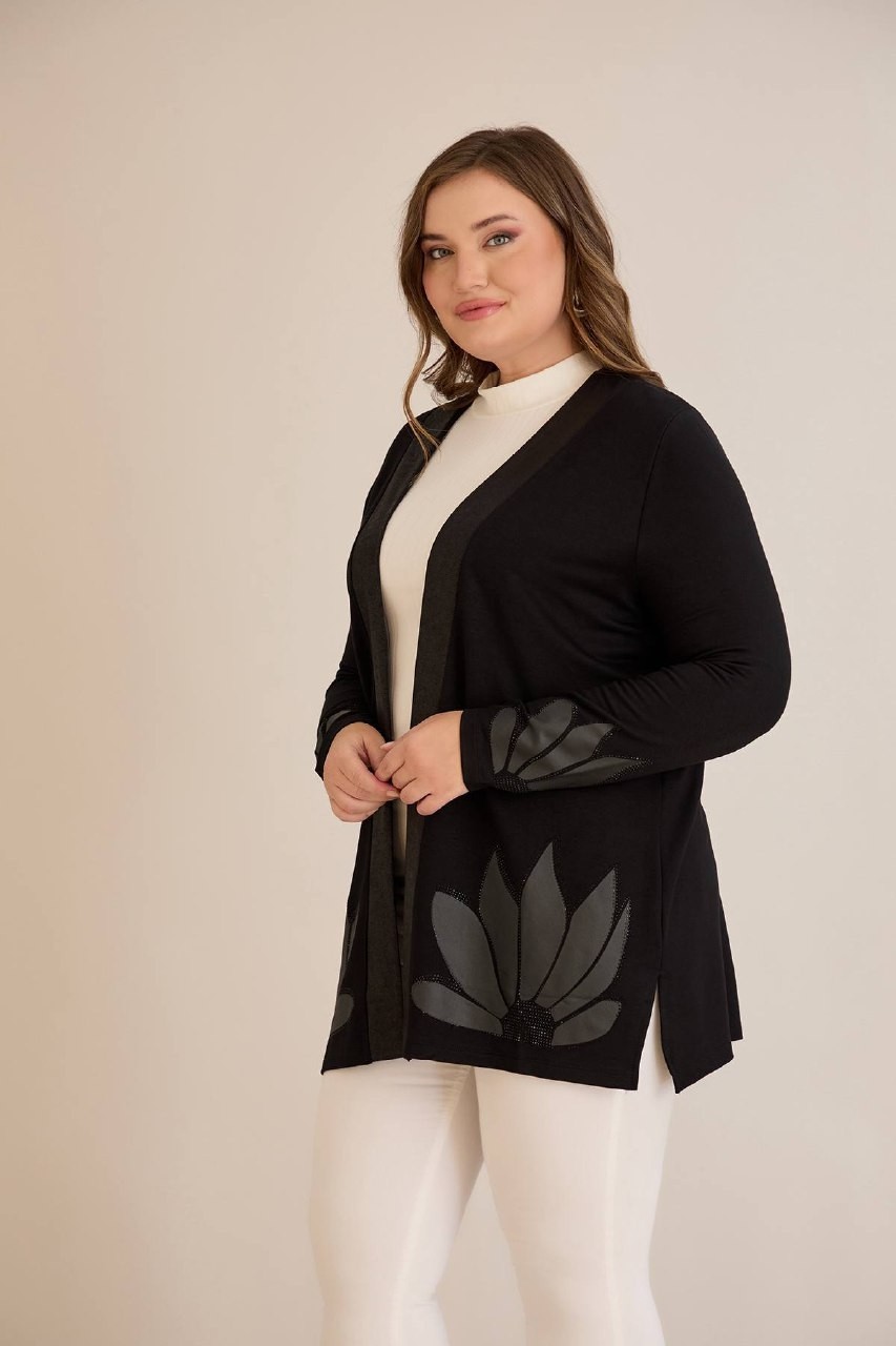 Wearon Kadın Kristal Kumaş Etek ve Kol Uçları Yaprak Desen Taşlı Üst Kalite Büyük Beden Hırka