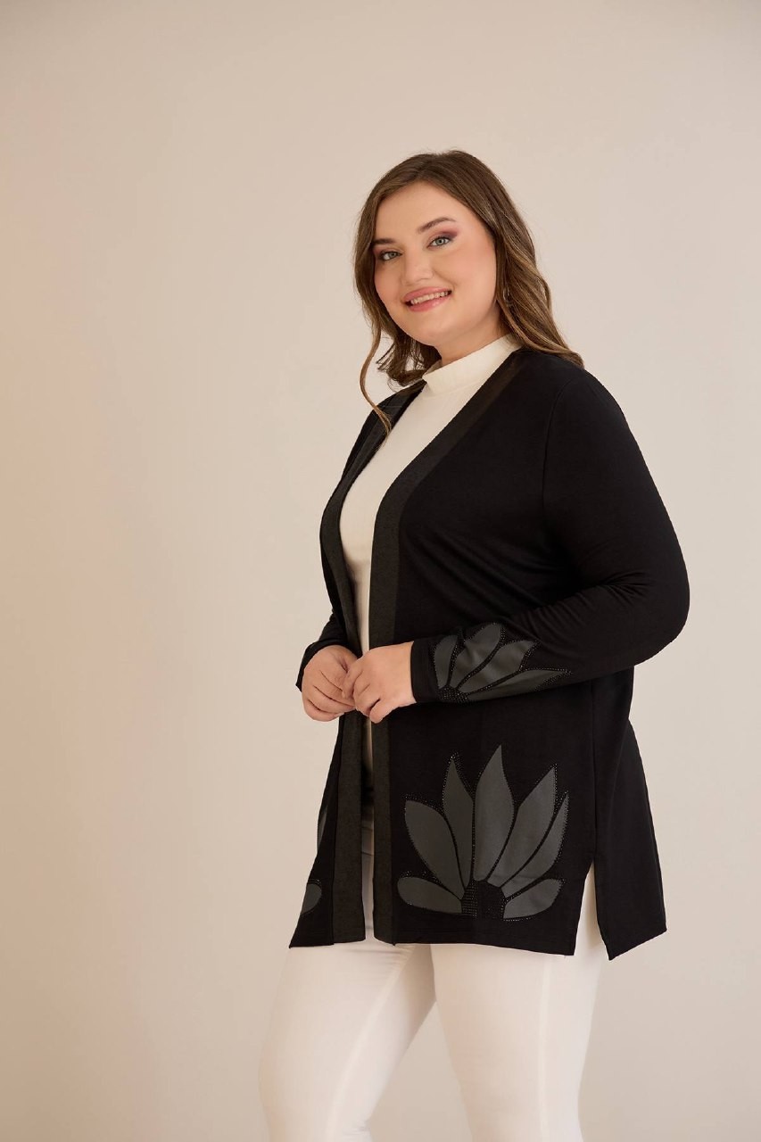 Wearon Kadın Kristal Kumaş Etek ve Kol Uçları Yaprak Desen Taşlı Üst Kalite Büyük Beden Hırka görsel 4