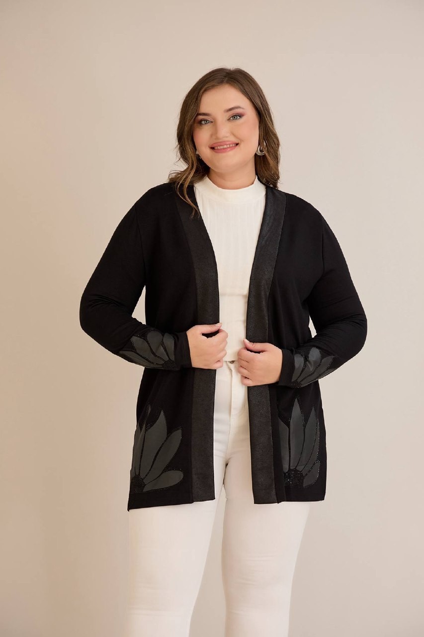 Wearon Kadın Kristal Kumaş Etek ve Kol Uçları Yaprak Desen Taşlı Üst Kalite Büyük Beden Hırka görsel 5