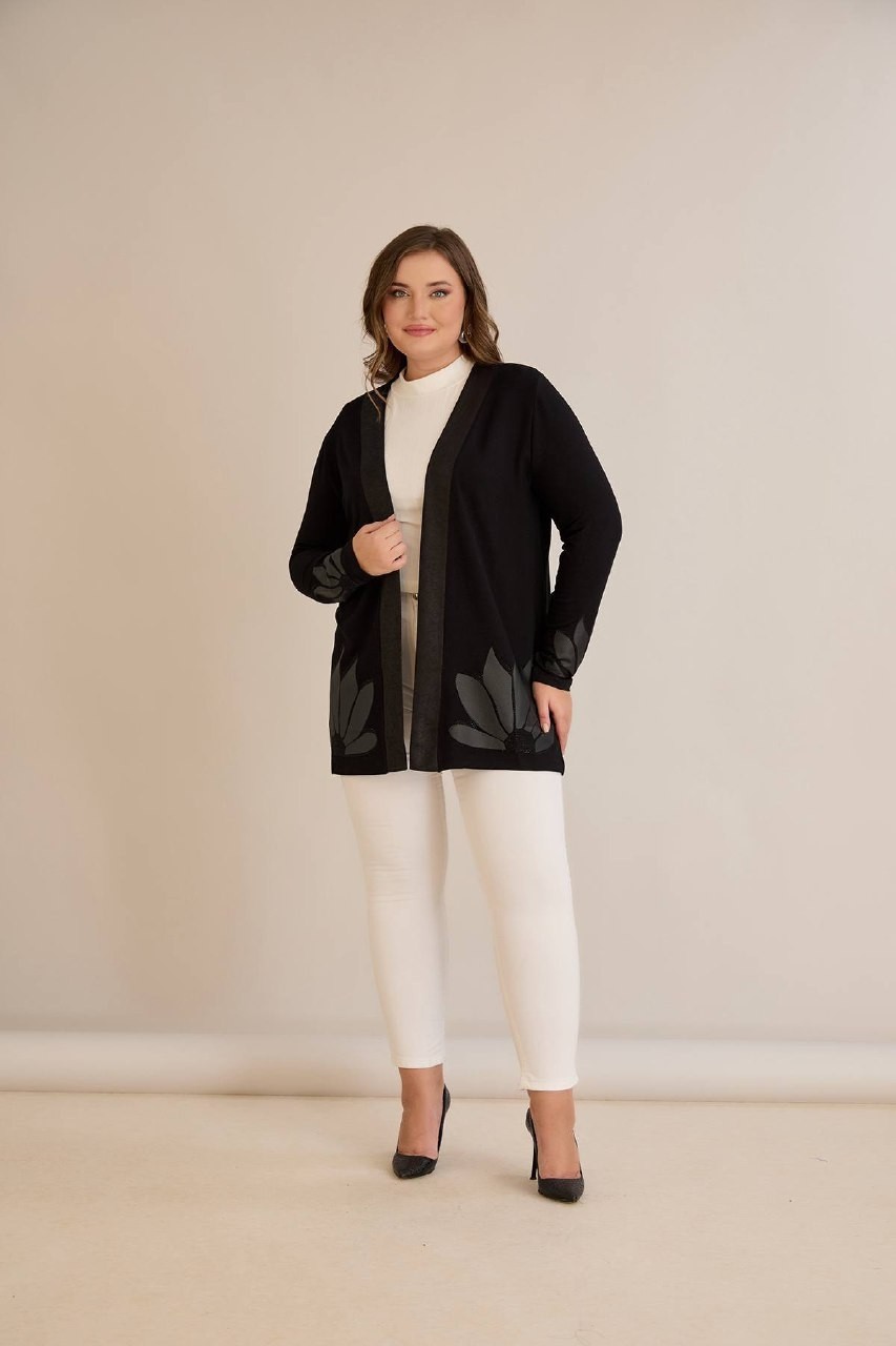 Wearon Kadın Kristal Kumaş Etek ve Kol Uçları Yaprak Desen Taşlı Üst Kalite Büyük Beden Hırka görsel 8