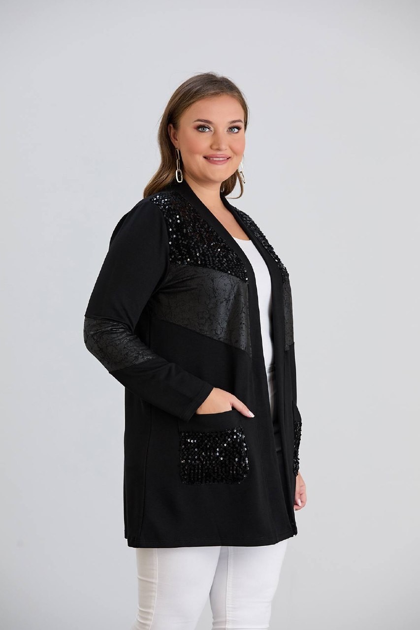 Wearon Kadın Kristal Kumaş Pul ve Süet Deri Detaylı Pullu Cepli Üst Düzey Büyük Beden Hırka görsel 5
