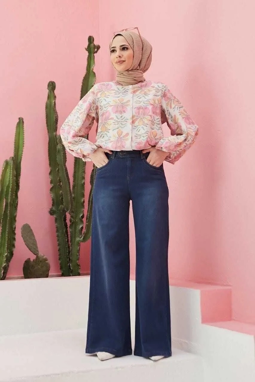 Neways Kadın Bol Paça Pantolon Koyu Mavi %97 Coton Denim Şık ve Rahat Tasarım