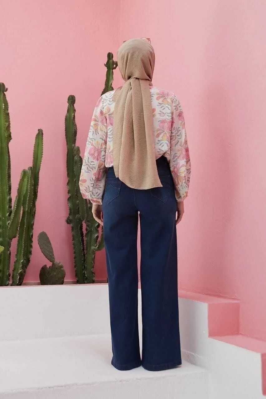 Neways Kadın Bol Paça Pantolon Koyu Mavi %97 Coton Denim Şık ve Rahat Tasarım görsel 8