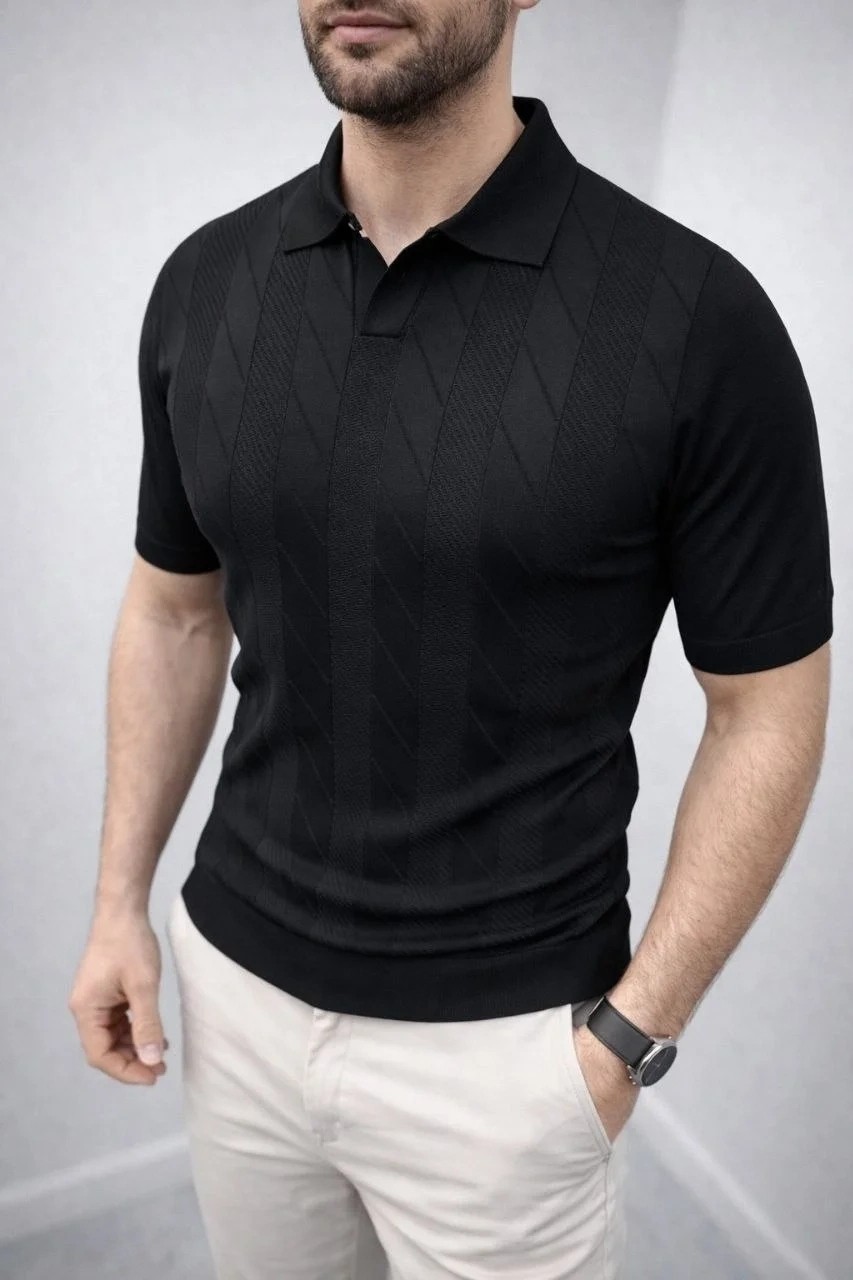 Tarz Yeri Erkek Yazlık Triko Dokuma Tişört Kısa Kol Polo Yaka T-Shirt - Siyah görsel 4