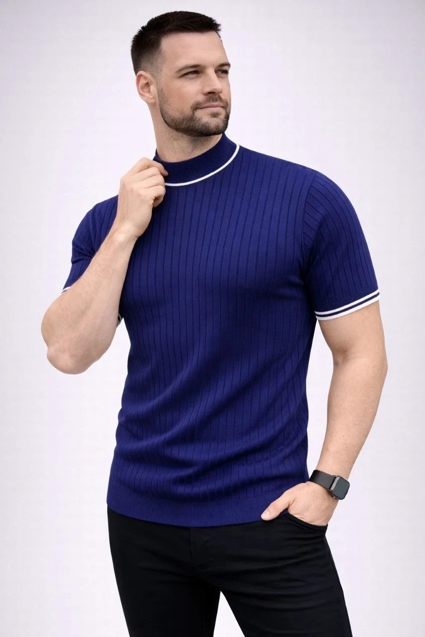 Tarz Yeri Erkek Fitilli Triko Dokuma Kısa Kol Tişört Yarım Boğaz Modern Yazlık T-Shirt - Lacivert