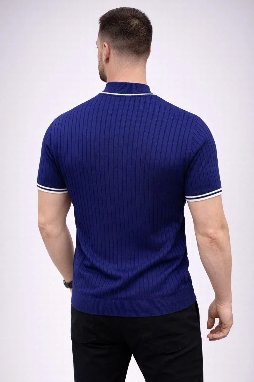 Tarz Yeri Erkek Fitilli Triko Dokuma Kısa Kol Tişört Yarım Boğaz Modern Yazlık T-Shirt - Lacivert görsel 2