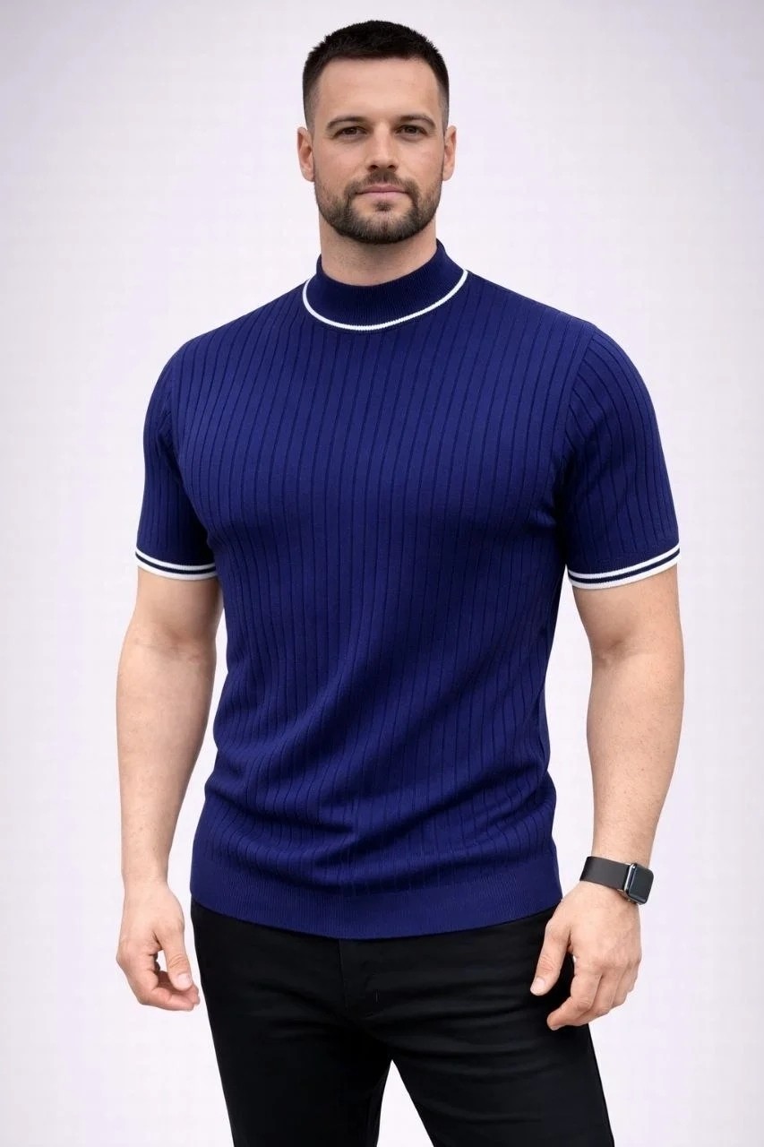 Tarz Yeri Erkek Fitilli Triko Dokuma Kısa Kol Tişört Yarım Boğaz Modern Yazlık T-Shirt - Lacivert görsel 3