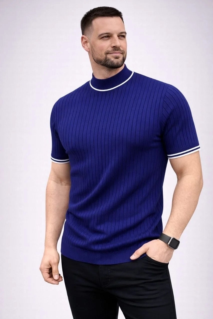 Tarz Yeri Erkek Fitilli Triko Dokuma Kısa Kol Tişört Yarım Boğaz Modern Yazlık T-Shirt - Lacivert görsel 4