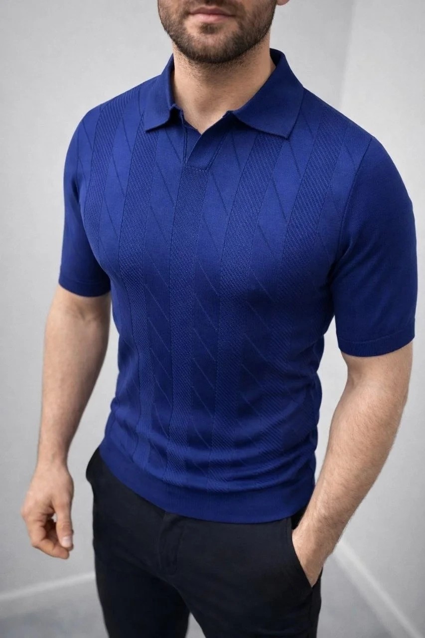 Tarz Yeri Erkek Yazlık Triko Dokuma Tişört Kısa Kol Polo Yaka T-Shirt - Lacivert görsel 4